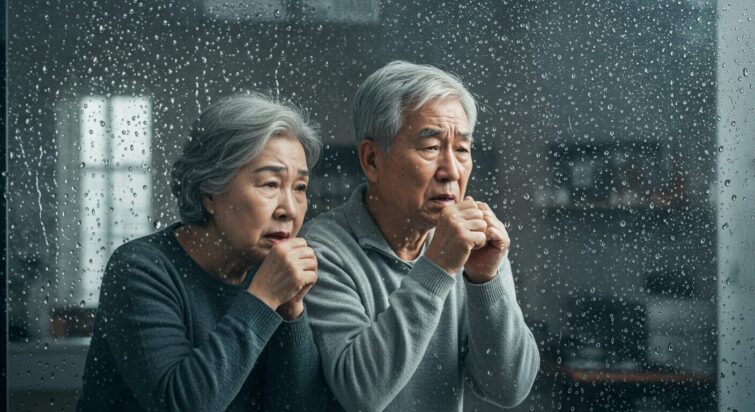 비 오는 날 창가에 앉은 노부부, 뇌우 천식