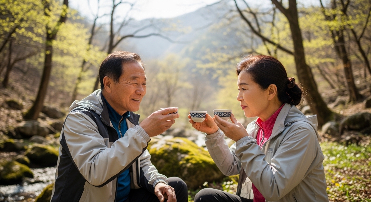 한국인 시니어 부부가 봄 산속에서 맑은 수액을 컵에 따라 마시는 모습, 자연광, 사실적인 사진, 한글 텍스트 없음
